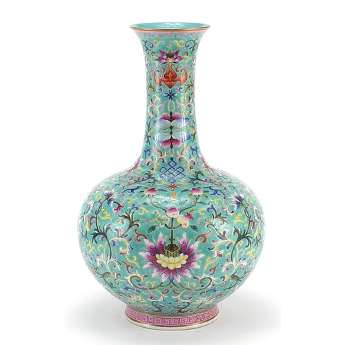 55 - Large Chinese porcelain turquoise ground vase, finely hand painted in the famille rose palette with ... 