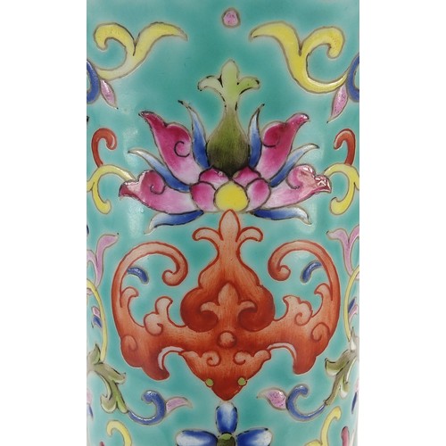55 - Large Chinese porcelain turquoise ground vase, finely hand painted in the famille rose palette with ... 