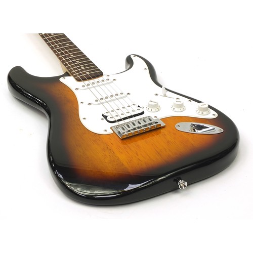 1760 - Squier Stratocaster by Fender bullet strapped six string electric guitar with case, 97.5cm in length