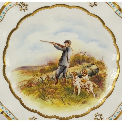 575 - Pair of Royal Crown Derby Lombardy cabinet plates, each hand painted with a hunting scene and signed... 