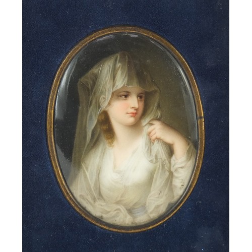 67 - 19th century naval interest oval porcelain plaque hand painted with a portrait of Lady Hamilton, mou... 