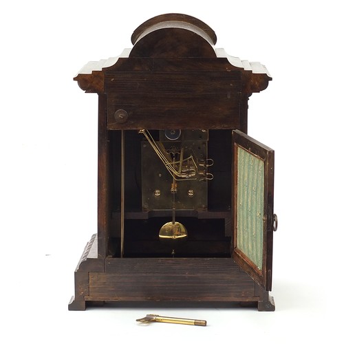 76 - Junghans, German walnut cased chiming bracket clock with brass face and silvered chapter ring having... 