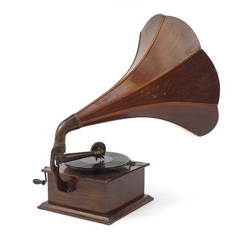 339 - Early 20th century oak wind up gramophone with wooden horn