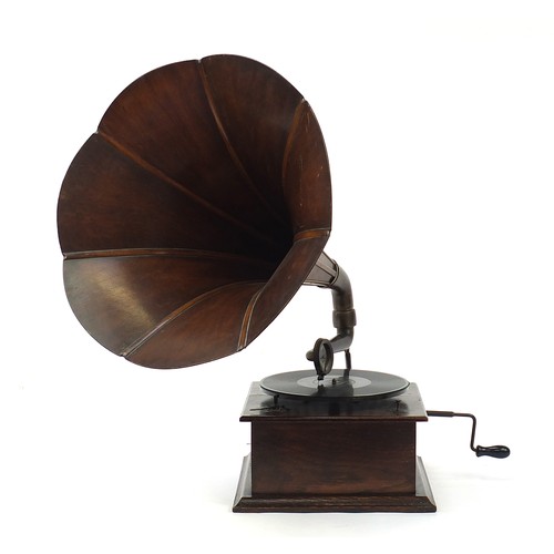 339 - Early 20th century oak wind up gramophone with wooden horn