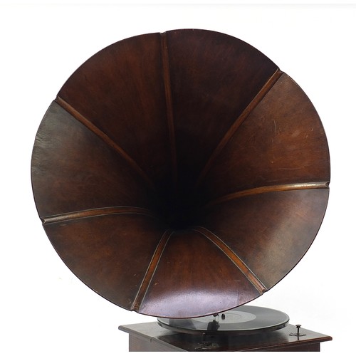 339 - Early 20th century oak wind up gramophone with wooden horn