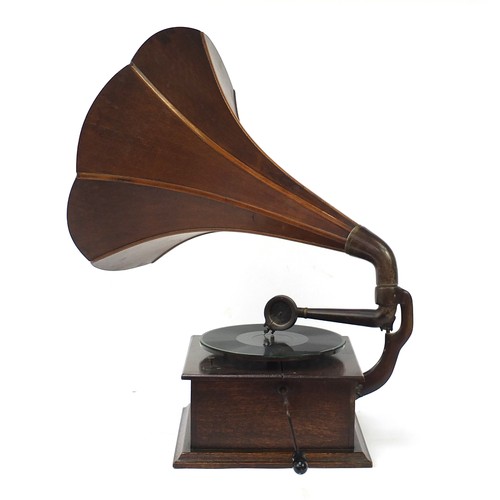 339 - Early 20th century oak wind up gramophone with wooden horn