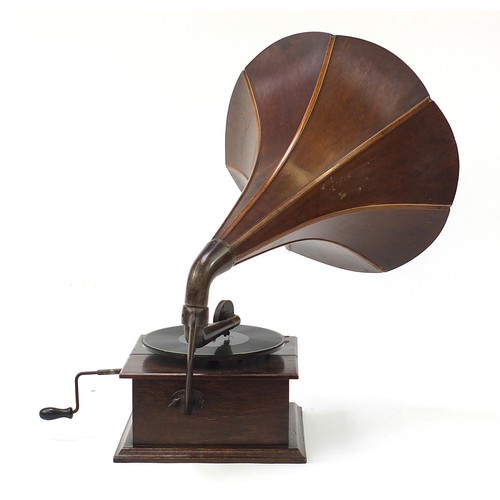 339 - Early 20th century oak wind up gramophone with wooden horn