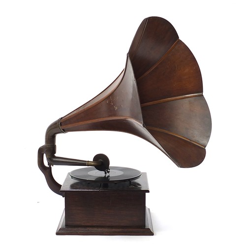 339 - Early 20th century oak wind up gramophone with wooden horn