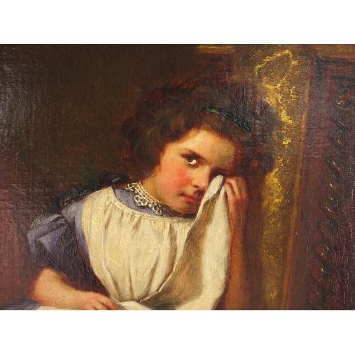 150 - Attributed to James Sant - Girl crying in an interior, late 19th century oil on canvas, mounted and ... 