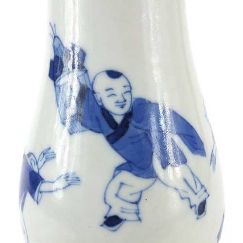 449 - Chinese blue and white porcelain double gourd vase hand painted with figures in a palace setting, si... 