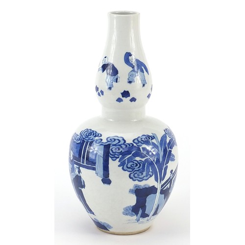 449 - Chinese blue and white porcelain double gourd vase hand painted with figures in a palace setting, si... 