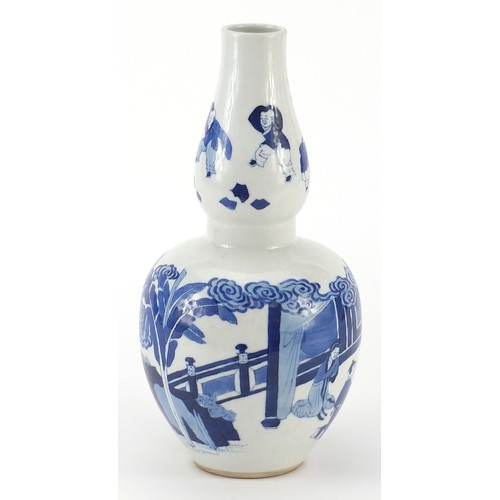 449 - Chinese blue and white porcelain double gourd vase hand painted with figures in a palace setting, si... 