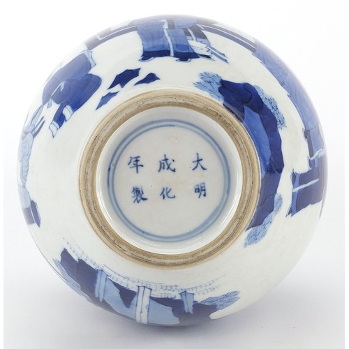 449 - Chinese blue and white porcelain double gourd vase hand painted with figures in a palace setting, si... 