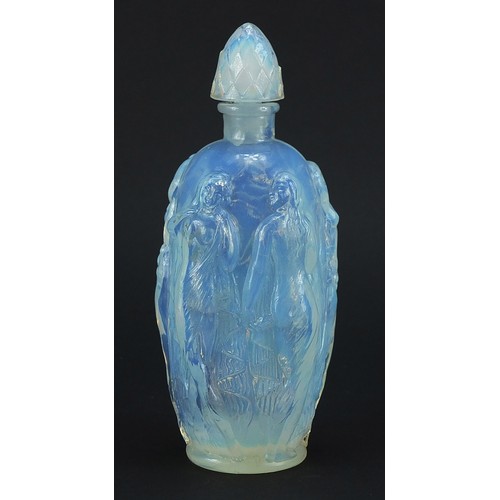 667 - Art Deco opalescent glass scent bottle decorated in relief with five semi nude maidens, 16cm high