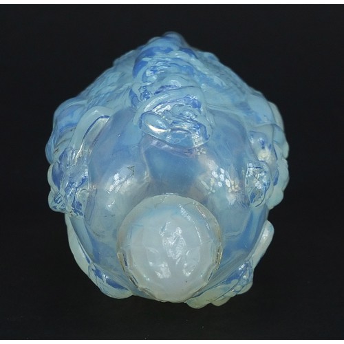 667 - Art Deco opalescent glass scent bottle decorated in relief with five semi nude maidens, 16cm high