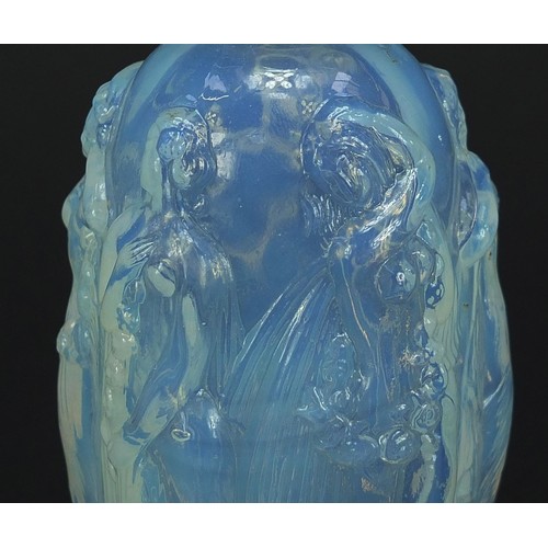 667 - Art Deco opalescent glass scent bottle decorated in relief with five semi nude maidens, 16cm high