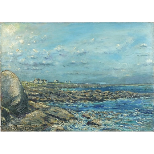 2447 - Rocky coastal scene, Impressionist oil on canvas, unframed, 64.5cm x 46cm