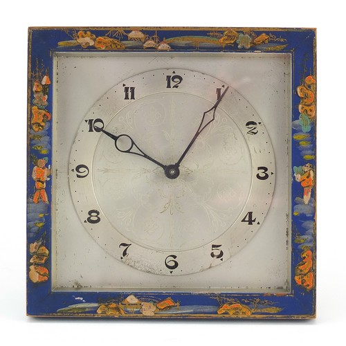 82 - Chinese chinoiserie lacquered strut clock with silvered dial and Arabic numerals, 17.5cm high x 17.5... 