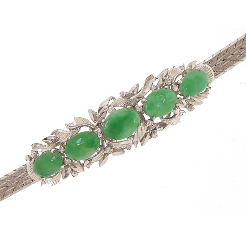 147 - Chinese unmarked white metal jade and diamond bracelet, 15cm in length, 16.8g