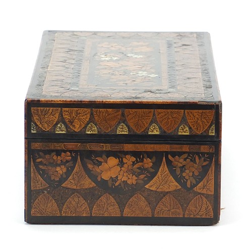 329 - Extremely fine early 19th century mahogany, fruit wood and ebony box with rolled wood, fern and flor... 