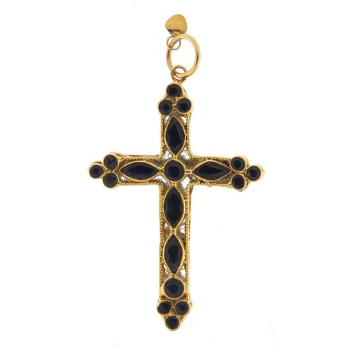 588 - Unusual 18ct gold sapphire cross pendant, 3cm high, 1.5g