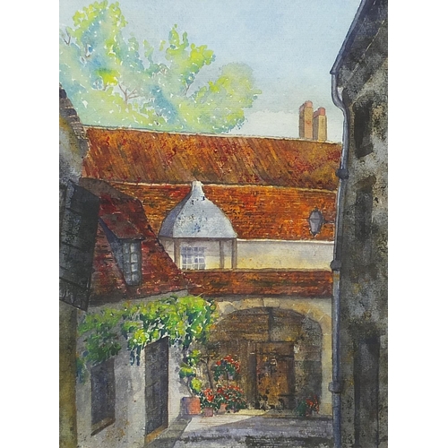 1036 - P J Clarkson - Continental courtyards, pair of watercolours, each mounted, framed and glazed, 39cm x... 