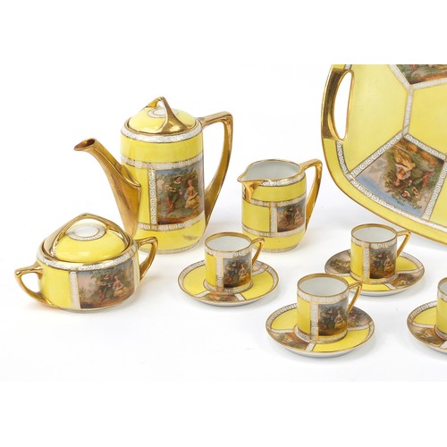 482 - Czechoslovakian Royal Vienna style yellow cabaret set decorated with lovers comprising a coffee pot,... 