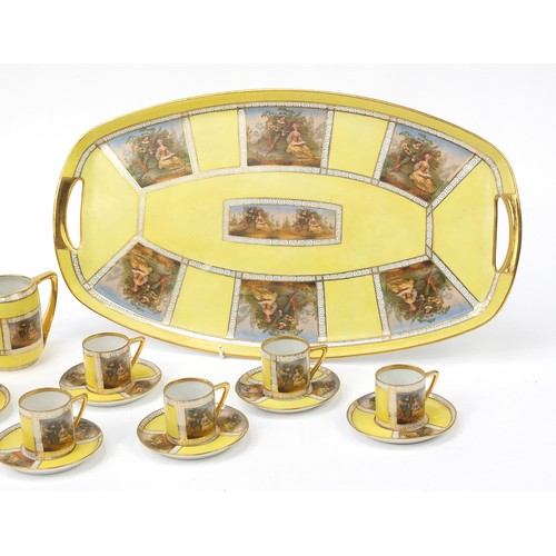 482 - Czechoslovakian Royal Vienna style yellow cabaret set decorated with lovers comprising a coffee pot,... 