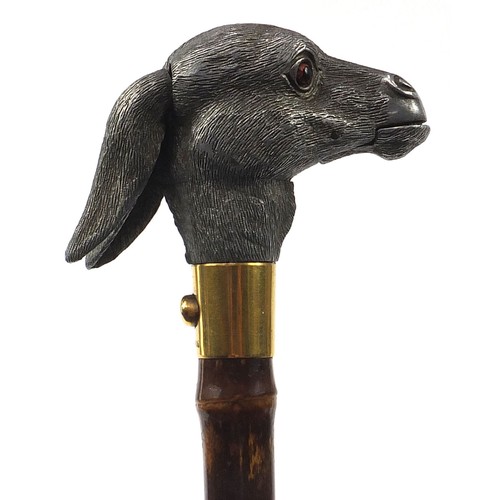 869 - Brigg & Sons, silk and bamboo parasol with articulated donkey head handle and press button action, i... 