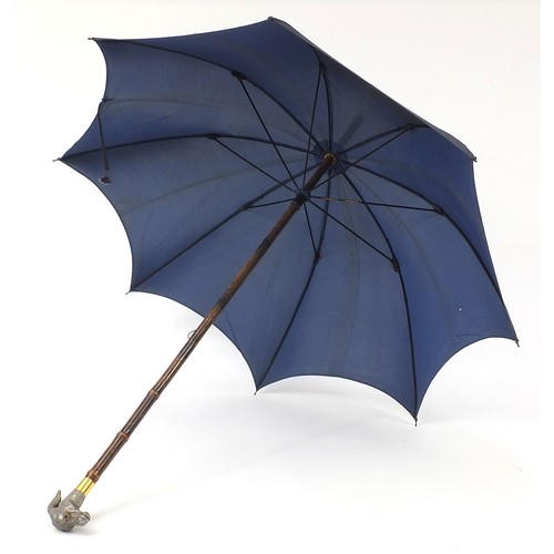 869 - Brigg & Sons, silk and bamboo parasol with articulated donkey head handle and press button action, i... 