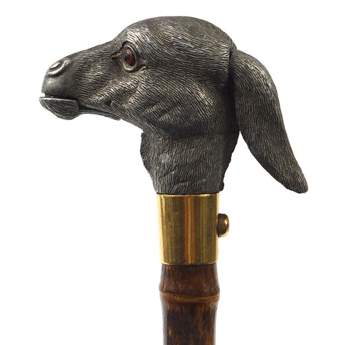 869 - Brigg & Sons, silk and bamboo parasol with articulated donkey head handle and press button action, i... 