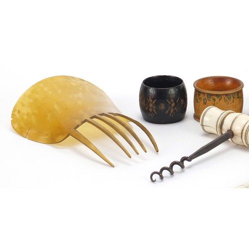 610 - Antique and later objects including bone handled corkscrew, bone handled magnifying glass, pokerwork... 