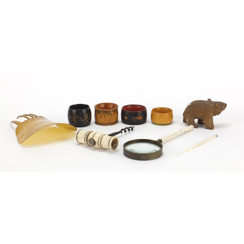 610 - Antique and later objects including bone handled corkscrew, bone handled magnifying glass, pokerwork... 