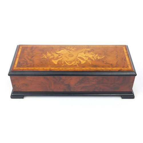 336 - Reuge Music Sublime Harmonie music box housed in a burr wood case inlaid with a mandolin and flowers... 