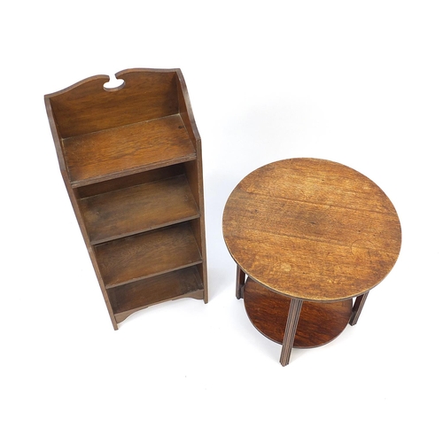 1028 - Arts & Crafts Liberty's style open bookshelf and an Art Deco oak occasional table with under tier, t... 