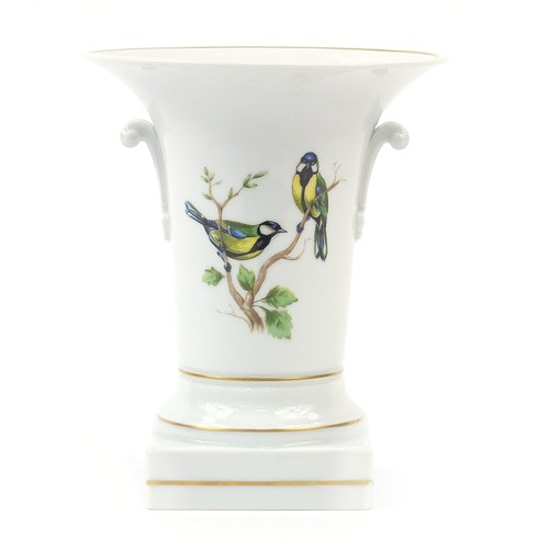 1004 - Vista Alegre, Portuguese porcelain vase hand painted with birds, 19.5cm high