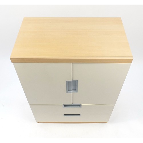 1040A - Contemporary beech and melamine tallboy with a pair of cupboard doors above two drawers, 108cm H x 7... 