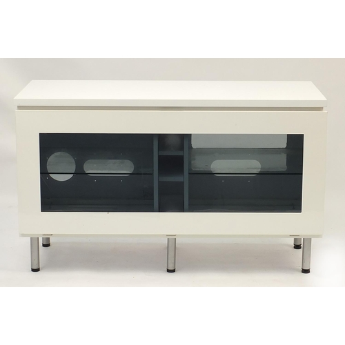 1032A - White high gloss multi media stand with smoked glass drop down front, 66cm H x 110cm W x 44cm D