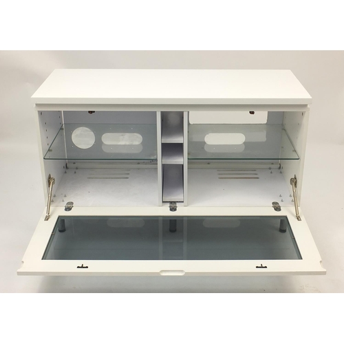 1032A - White high gloss multi media stand with smoked glass drop down front, 66cm H x 110cm W x 44cm D