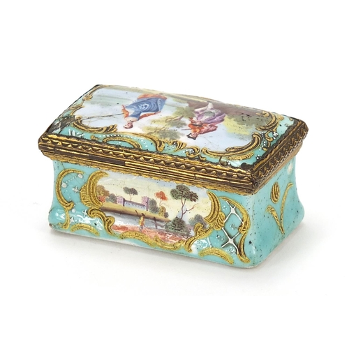 503 - Antique Continental enamel patch box hand painted with panels of figures and landscapes, 5.5cm wide