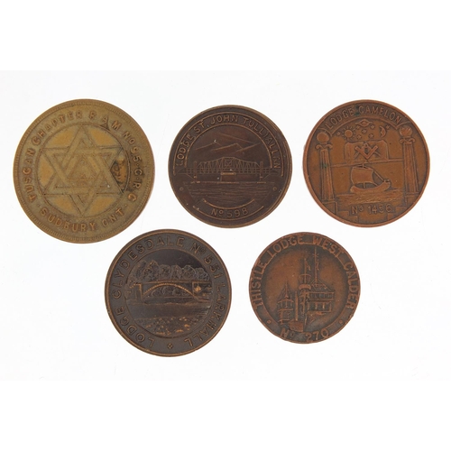 3452 - Five masonic tokens/coins including Thistle Lodge West Calder