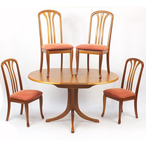 1026 - Sutcliffe furniture, circular teak extending dining table with fold out leaf and four chairs, the ta... 