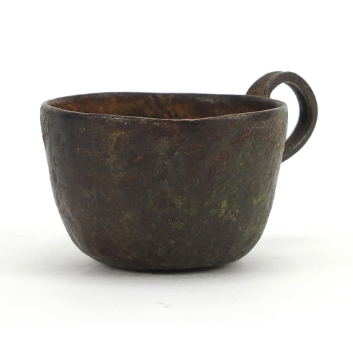 2799 - Patinated bronze cup, possibly medieval, 9cm in length