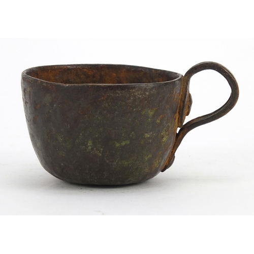 2799 - Patinated bronze cup, possibly medieval, 9cm in length