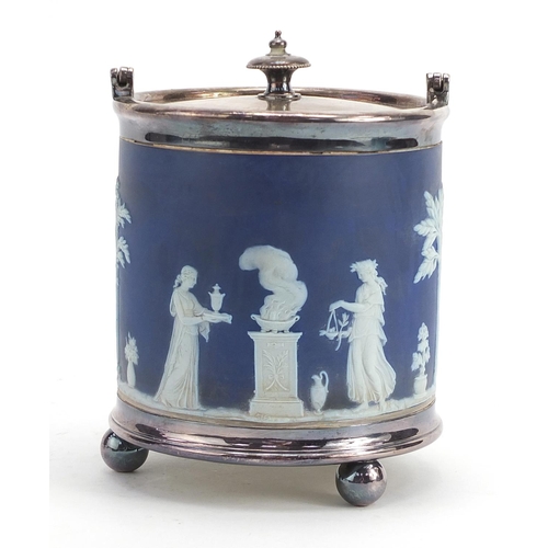 2811 - Wedgwood Jasperware biscuit barrel with silver plated mounts and swing handle, 19cm high excluding t... 