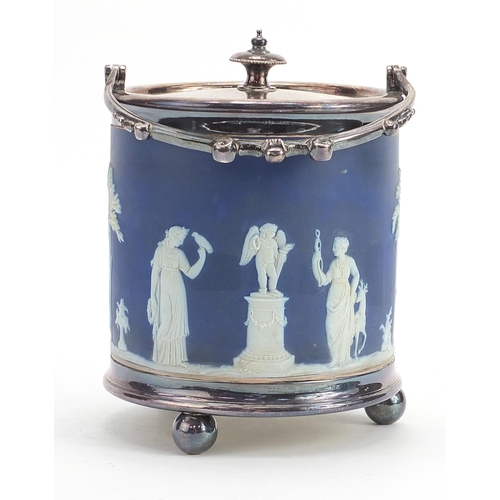 2811 - Wedgwood Jasperware biscuit barrel with silver plated mounts and swing handle, 19cm high excluding t... 