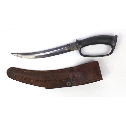 3524 - British military World War I Robbins Dudley fighting knife with leather sheath, 31.5cm in length