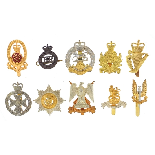 3466 - Ten British military Staybright cap badges including The Queen's Lancashire Regiment and The Blues a... 