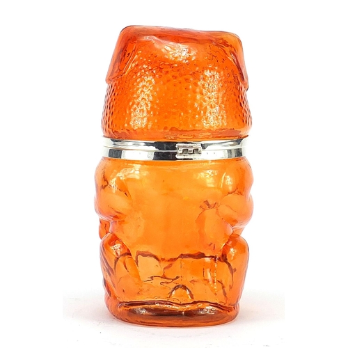 2430 - Novelty amber glass biscuit barrel with hinged lid in the form of a standing dog, 25cm high