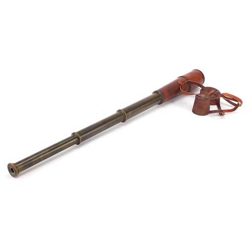 2433 - Military interest three draw brass telescope with leather case, 29.5cm in length when closed